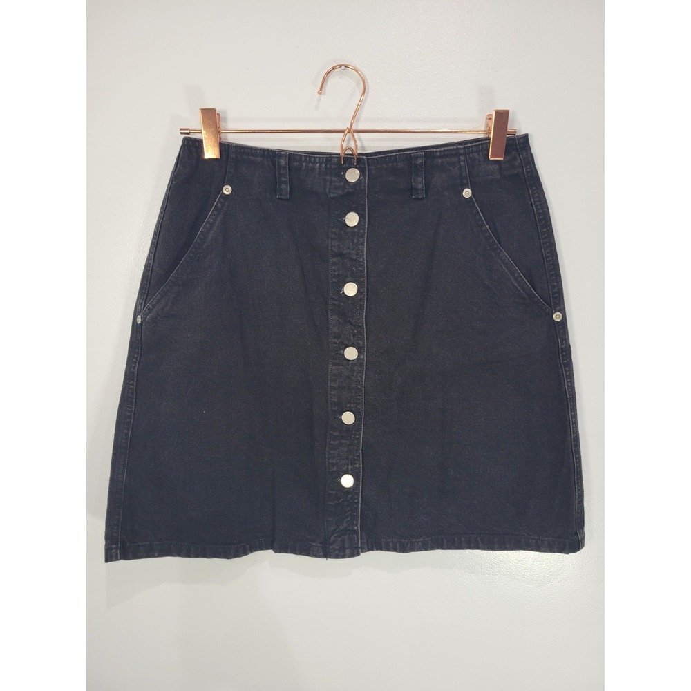 Lizwear Womens Black Denim Button Front‎ Mini Skirt Size 10 Vintage 90s A-Line